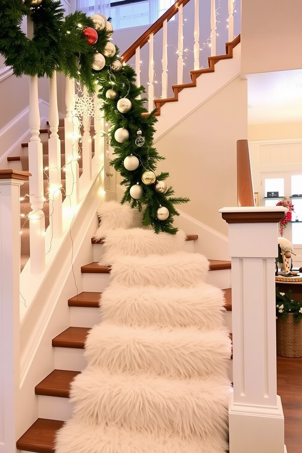 A cozy staircase adorned with a snowy white faux fur runner that adds warmth and texture. Twinkling fairy lights drape elegantly along the banister, complementing festive ornaments and greenery for a cheerful holiday atmosphere.