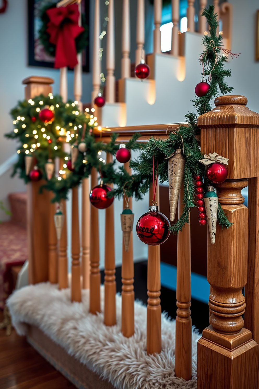 A charming staircase adorned with vintage ornaments hanging from the railing creates a warm holiday atmosphere. Soft twinkling lights are intertwined with garlands, enhancing the festive spirit of the home. Classic glass baubles in rich reds and greens dangle gracefully alongside handmade wooden decorations. The wooden staircase is complemented by a plush runner that adds a touch of elegance to the overall design.