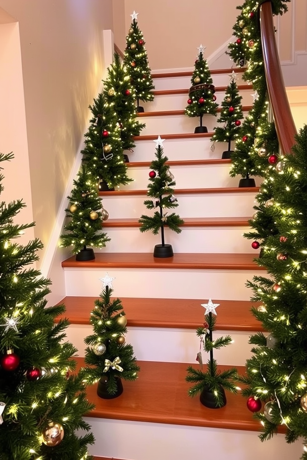 A festive staircase adorned with miniature Christmas trees at each step. The trees are decorated with twinkling lights and colorful ornaments, creating a warm and inviting holiday atmosphere.