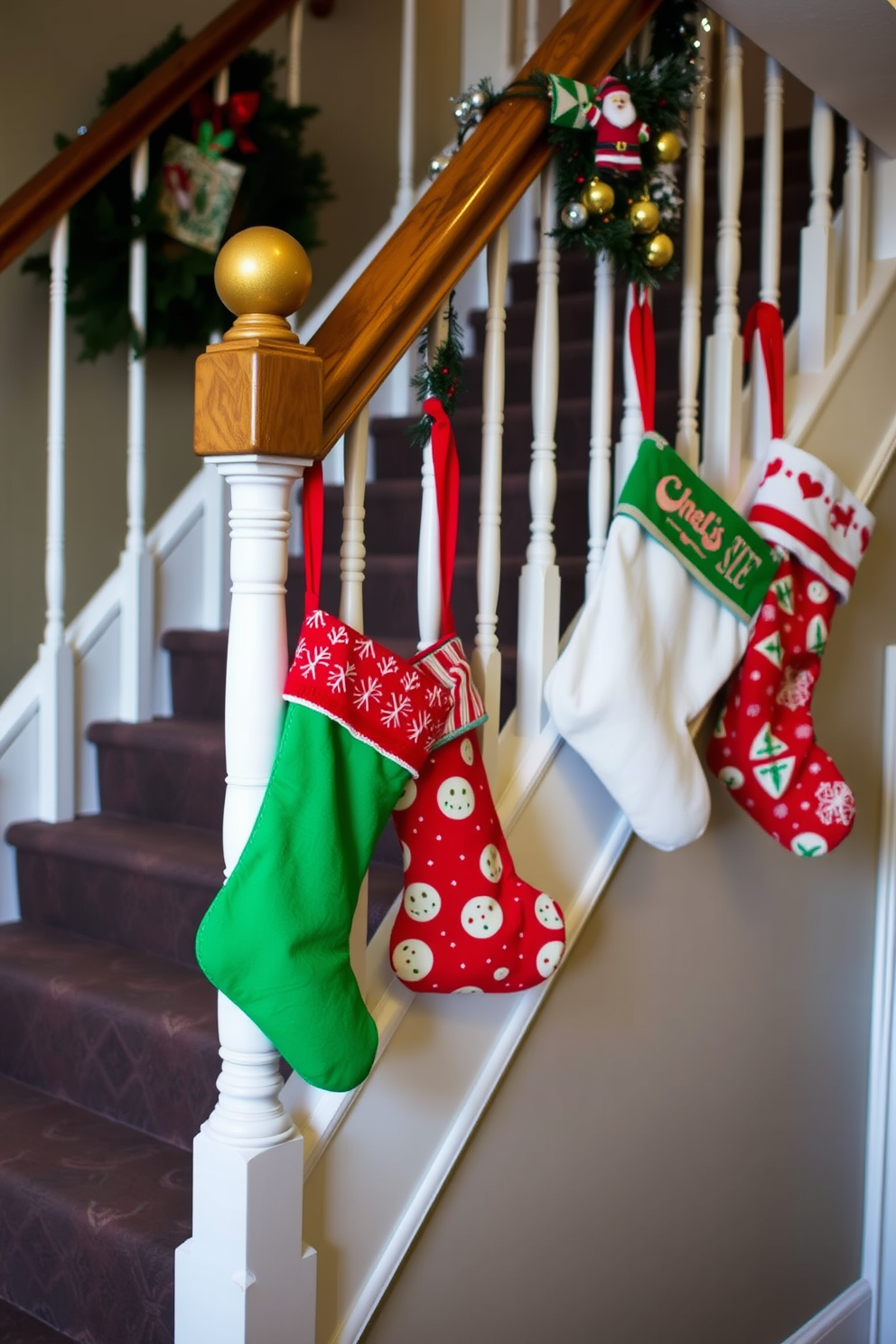 A cozy staircase adorned with festive stockings hanging from the banister. Each stocking is uniquely designed with vibrant colors and patterns, adding a cheerful touch to the holiday decor.