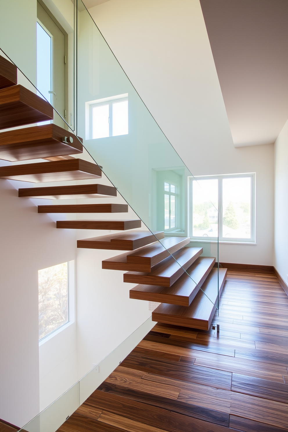 A stunning staircase featuring floating wooden steps that create a sense of openness and elegance. The sleek glass railing complements the modern design, allowing light to flow freely and enhancing the overall aesthetic of the space.