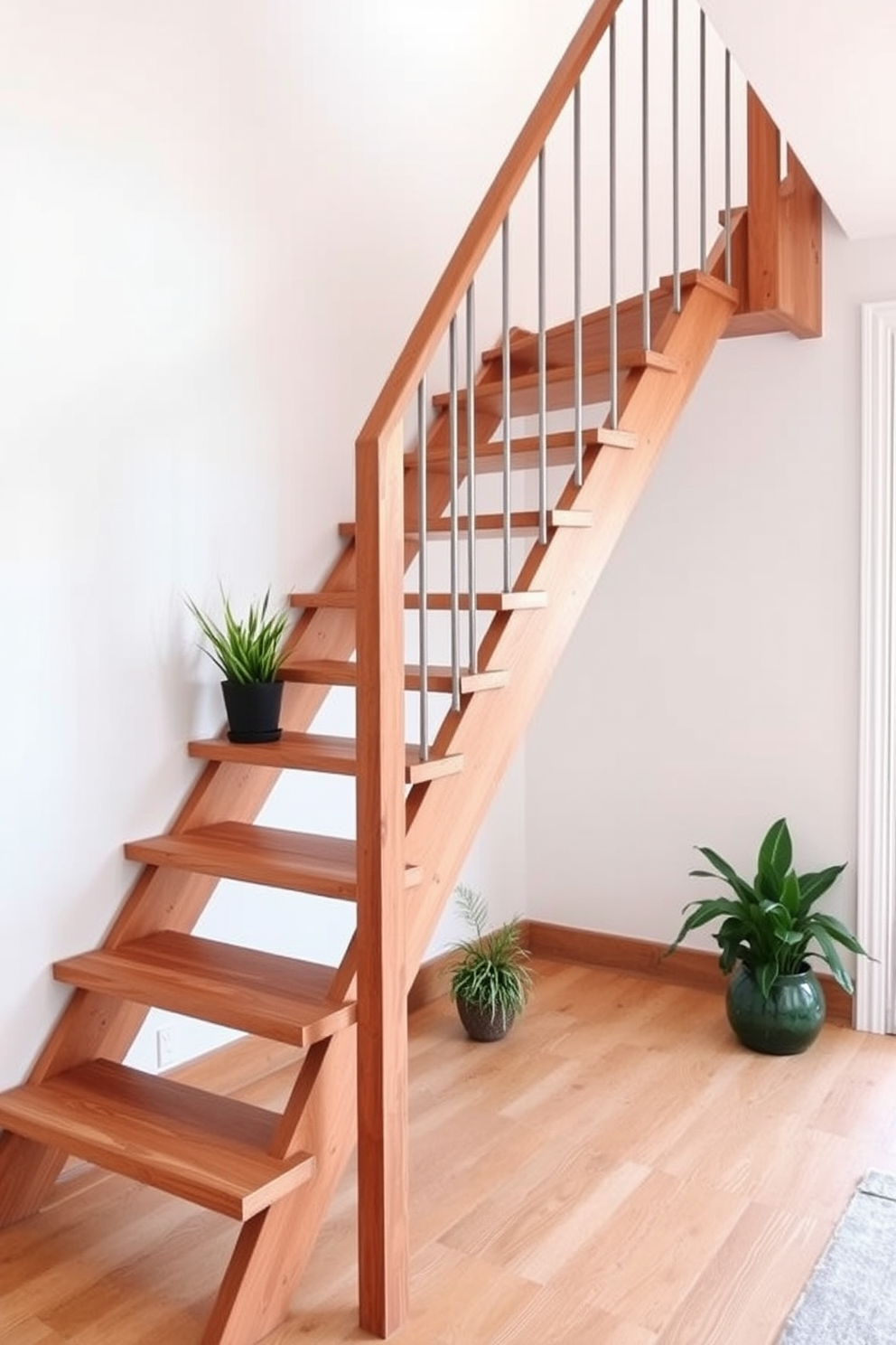 A ladder-style staircase for small spaces features sleek wooden steps that ascend at a gentle angle. The design incorporates open risers and a minimalist railing to create an airy feel while maximizing floor space. The staircase is positioned against a light-colored wall, enhancing the brightness of the area. Accents of greenery, such as potted plants on the steps, add a touch of nature and warmth to the modern aesthetic.