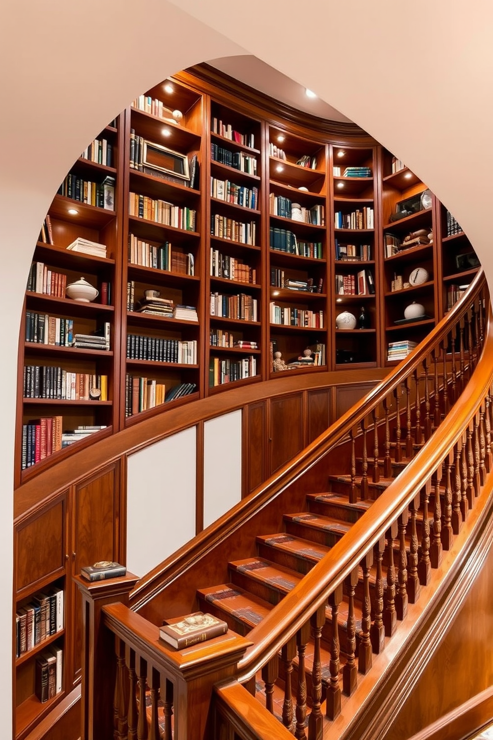 A grand staircase featuring built-in bookshelves that elegantly curve along the walls. The shelves are filled with an array of books and decorative items, creating a warm and inviting atmosphere. The staircase itself is crafted from rich hardwood with a polished finish, showcasing intricate railings. Soft, ambient lighting highlights the bookshelves, enhancing the overall sophistication of the space.