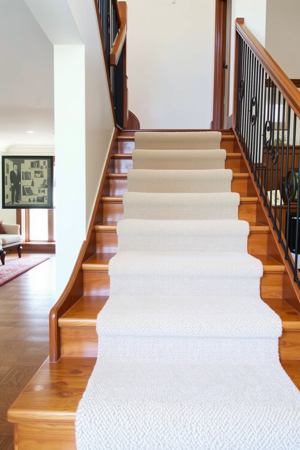 A wide staircase features a plush runner carpet that adds warmth and elegance to the space. The wooden staircase is framed by a wrought iron railing, creating a striking contrast against the soft texture of the carpet.