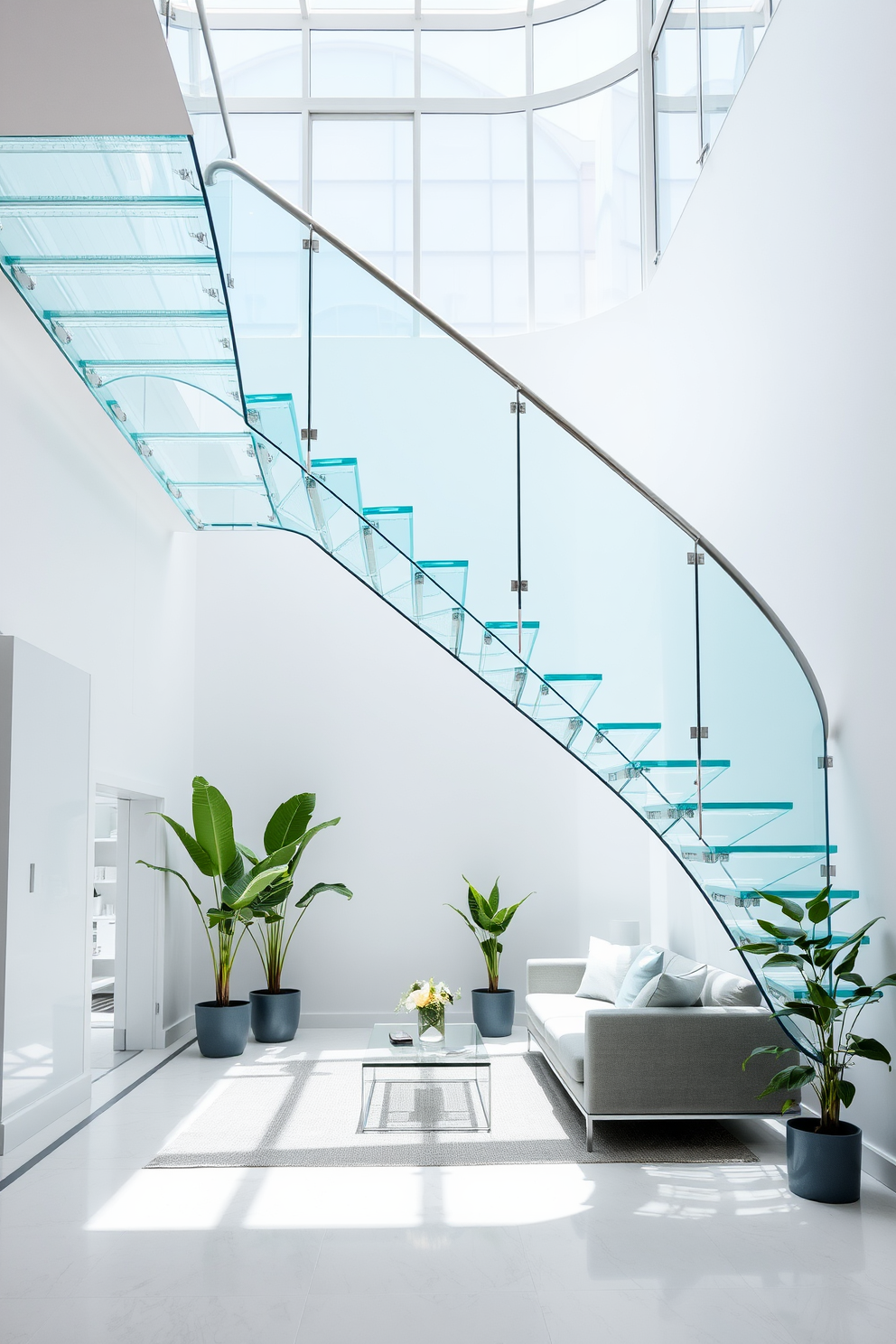 A glass staircase elegantly curves through a bright open space, allowing natural light to flood the area. The transparent panels create a sense of airiness, while the sleek metal handrail adds a contemporary touch. Beneath the staircase, a minimalist seating area features a plush sofa and a stylish coffee table, enhancing the modern aesthetic. Potted plants are strategically placed to bring a touch of greenery into the design.