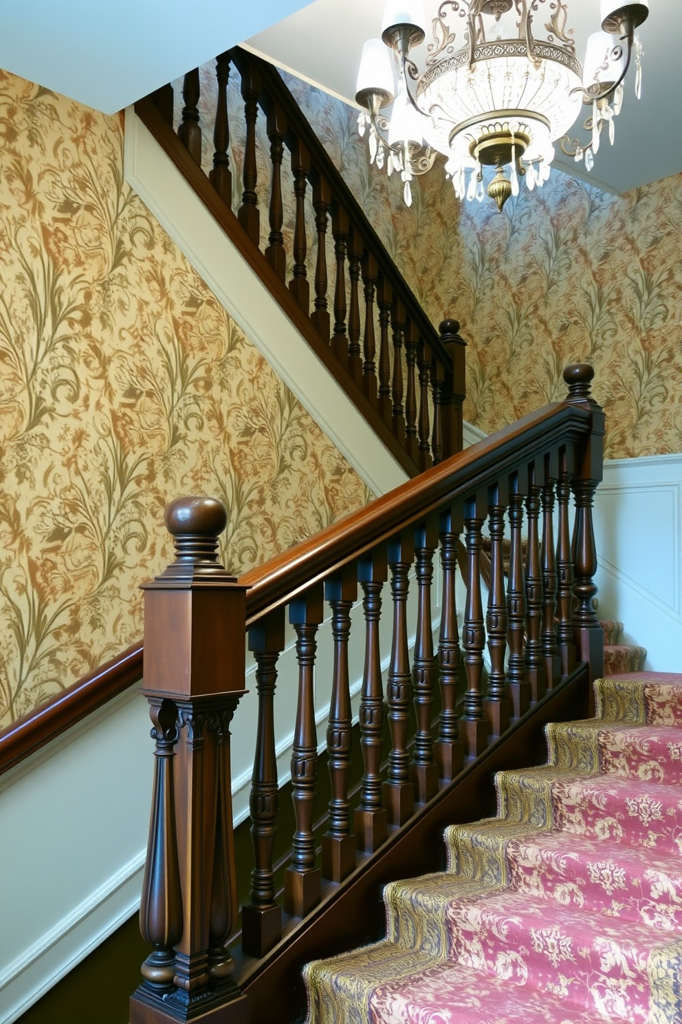 A vintage staircase with ornate details features intricately carved wooden balusters and a polished mahogany handrail. The steps are covered in a rich, patterned carpet that adds warmth and elegance to the space. The walls adjacent to the staircase are adorned with vintage wallpaper showcasing floral motifs that complement the staircase design. Soft, ambient lighting from a decorative chandelier illuminates the area, highlighting the craftsmanship of the staircase.