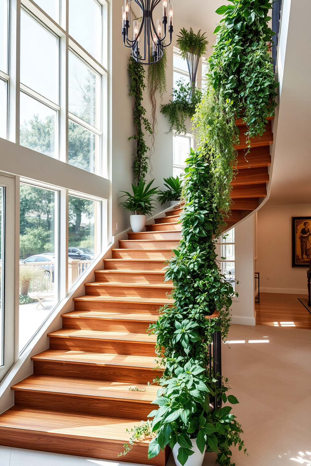 A stunning cascading staircase adorned with lush greenery accents creates a breathtaking focal point in the entryway. The staircase features elegant wooden steps that seamlessly blend with the surrounding plants, enhancing the natural light that filters through large windows. Delicate vines and potted plants are strategically placed along the staircase, adding a vibrant touch of life and color. The overall design exudes a sense of luxury and tranquility, inviting guests to explore further into the home.