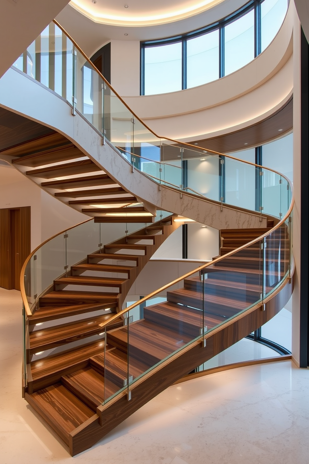 A striking multi-level staircase elegantly winds through the space, featuring a mix of open risers and solid treads. The balustrade is crafted from sleek glass, allowing for unobstructed views of the surrounding area. The staircase showcases a combination of rich hardwood and polished stone, creating a stunning contrast. Ambient lighting is integrated into the design, highlighting the unique architectural features and enhancing the overall ambiance.