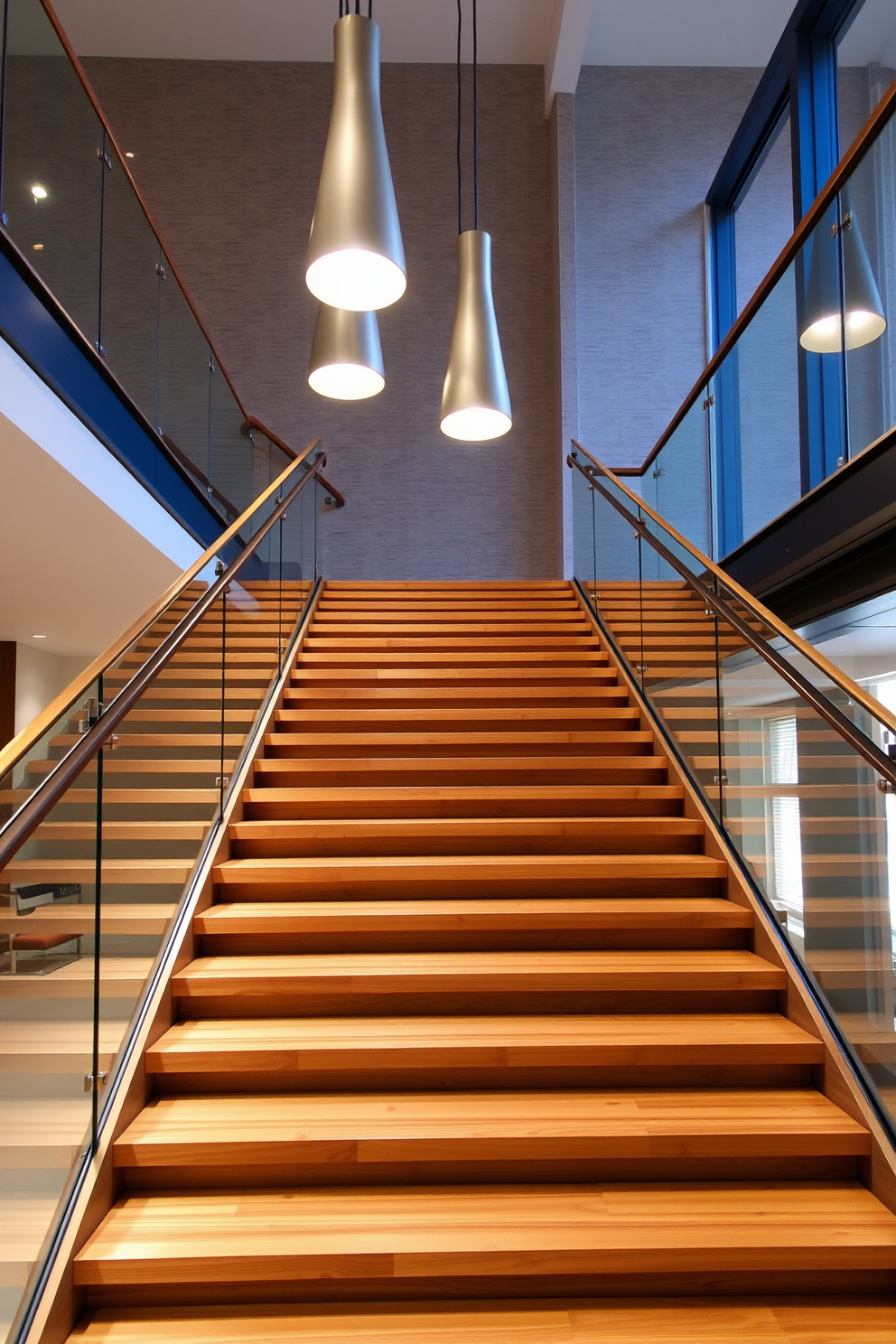 A contemporary staircase design featuring sleek wooden steps with a glass railing. Bold pendant lights hang dramatically above, illuminating the space with a warm glow.