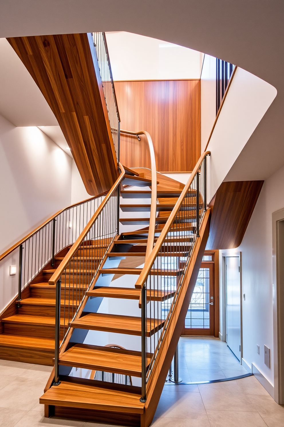 A stunning geometric staircase featuring a series of interlocking shapes that create visual interest and depth. The staircase is crafted from a combination of polished wood and sleek metal, with open risers that enhance the sense of space and light. The design incorporates asymmetrical angles and bold lines, making it a striking focal point in the entryway. Soft ambient lighting highlights the unique contours and textures of the staircase, creating an inviting atmosphere.