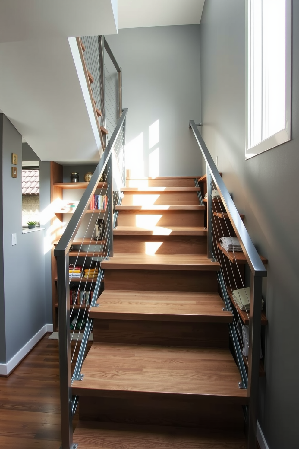 A modern staircase featuring integrated storage solutions that blend seamlessly with the overall design. The wooden steps are complemented by a sleek metal railing, and built-in shelves are positioned along the side, showcasing books and decorative items. The staircase is illuminated by natural light streaming in through a nearby window, creating a warm and inviting atmosphere. The walls are painted in a soft gray hue, providing a neutral backdrop that enhances the staircase's elegant features.