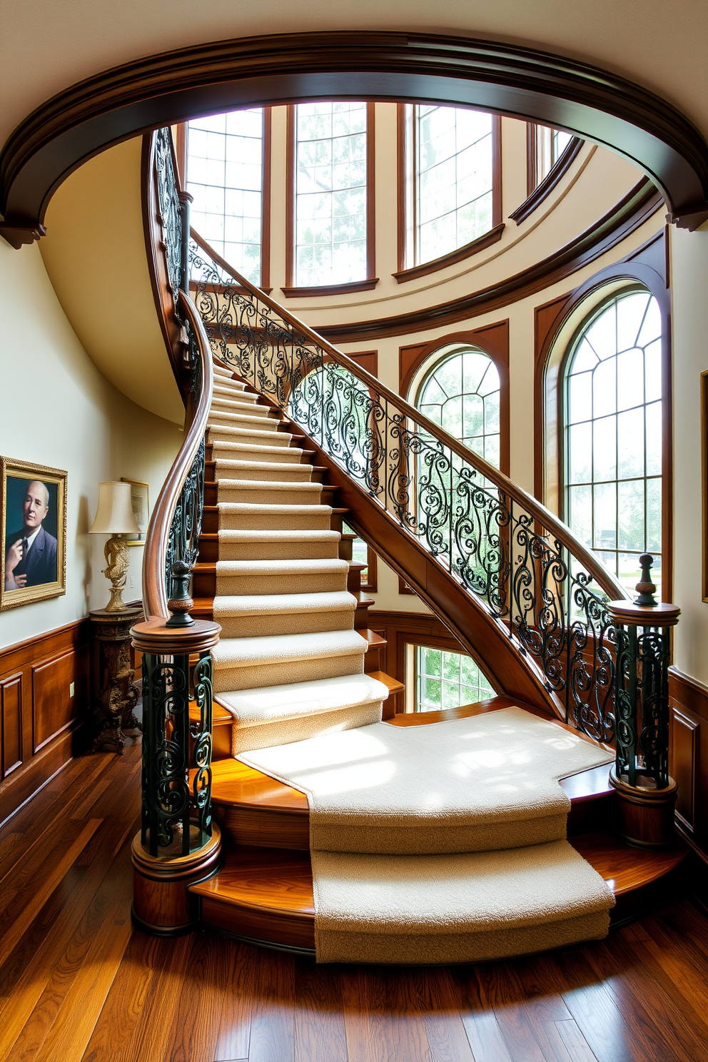 A stunning curved staircase gracefully ascends, showcasing an intricate balustrade that adds elegance to the space. The steps are made of rich hardwood, complemented by a plush runner that enhances the overall aesthetic. Natural light floods the area through a large window, highlighting the craftsmanship of the balustrade. Surrounding the staircase, the walls are adorned with tasteful artwork that harmonizes with the luxurious design.