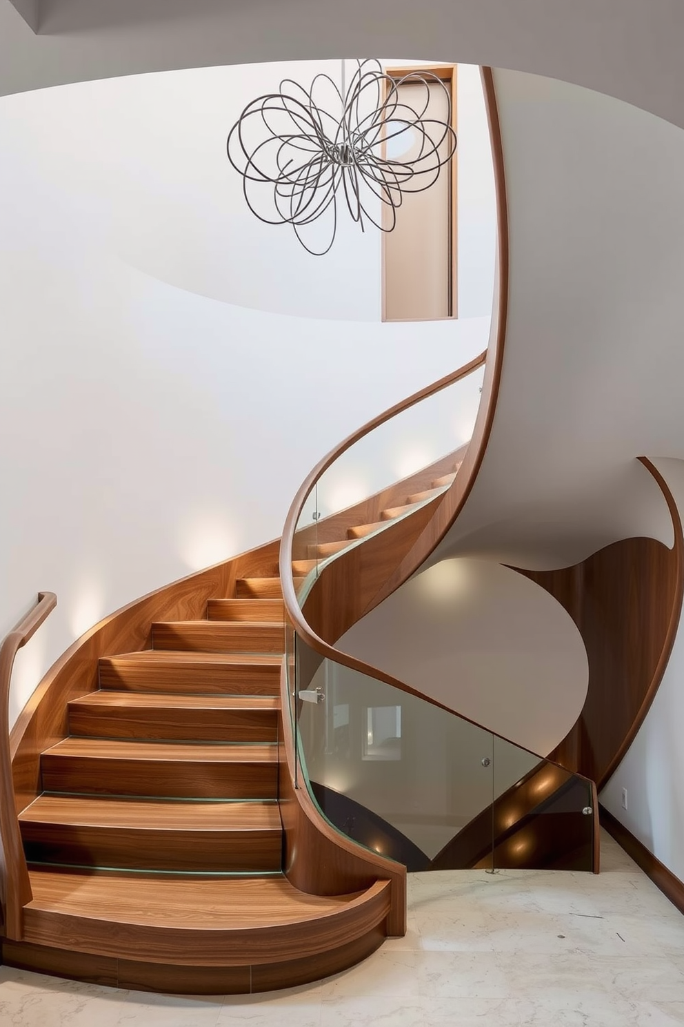 Artistic staircase featuring sculptural elements. The staircase has a flowing design with organic curves and varying widths, made from polished wood and glass. The handrail is an intricate metal sculpture that complements the overall aesthetic. Soft ambient lighting highlights the unique shapes and textures of the staircase, creating a dramatic focal point in the entryway.