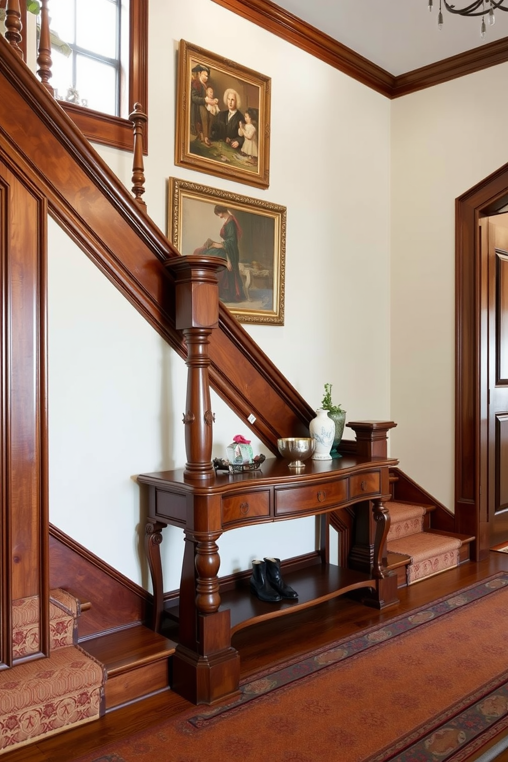 A traditional staircase with a rich wood finish features intricately carved balusters and a polished handrail that gleams in the soft light. The steps are adorned with a luxurious runner that adds warmth and texture, complementing the elegant surroundings. At the base of the staircase, a vintage console table is placed against the wall, showcasing decorative items and a striking piece of artwork above. The walls are painted in a soft cream color, enhancing the classic charm of the woodwork and creating a welcoming ambiance.