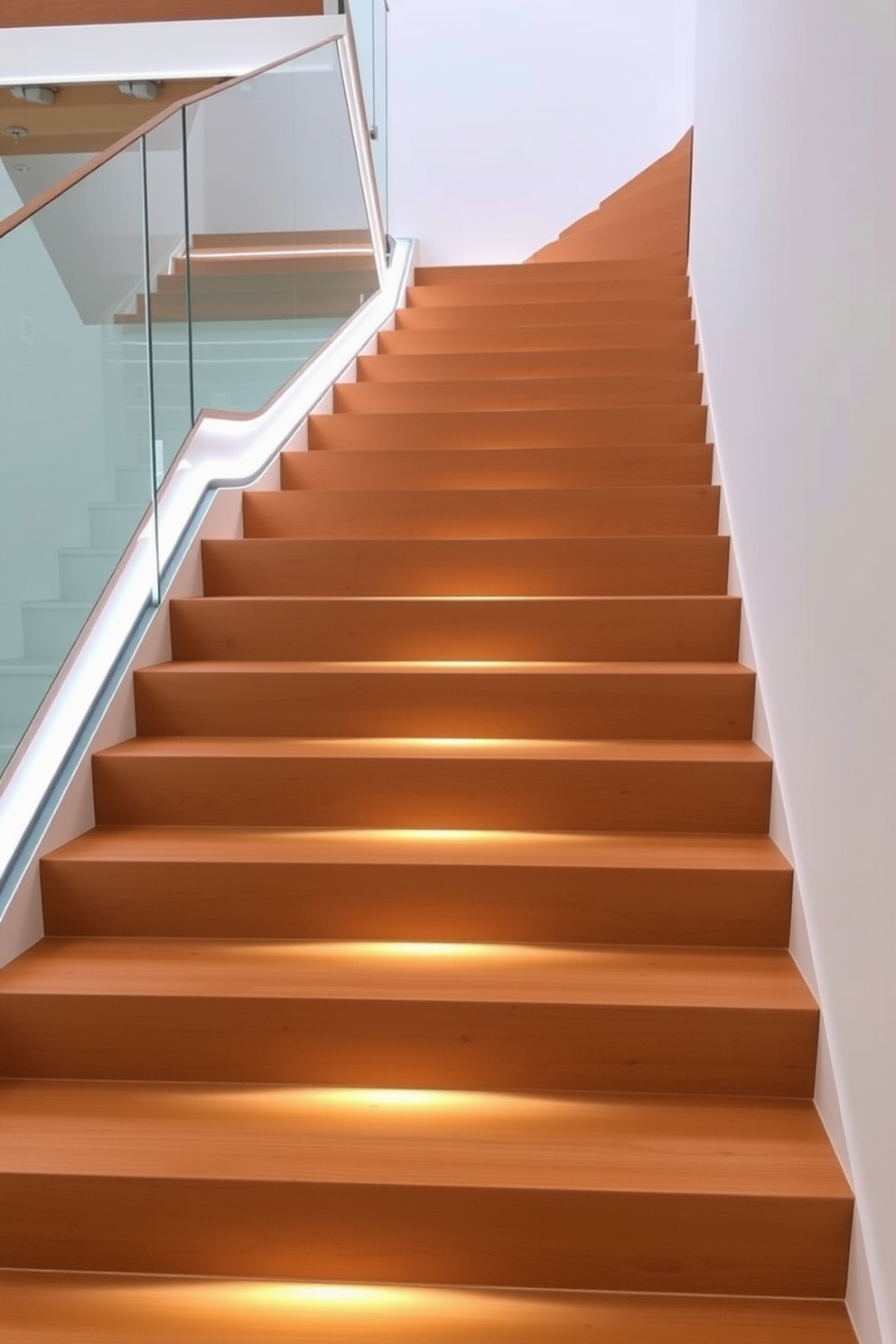 A stunning floating staircase with sleek wooden steps that appear to defy gravity. Soft LED lighting illuminates the underside of each step, creating a warm and inviting ambiance. The staircase is surrounded by a glass railing that enhances the modern aesthetic. A minimalist design approach is taken, with clean lines and a neutral color palette, allowing the staircase to be a striking focal point in the space.