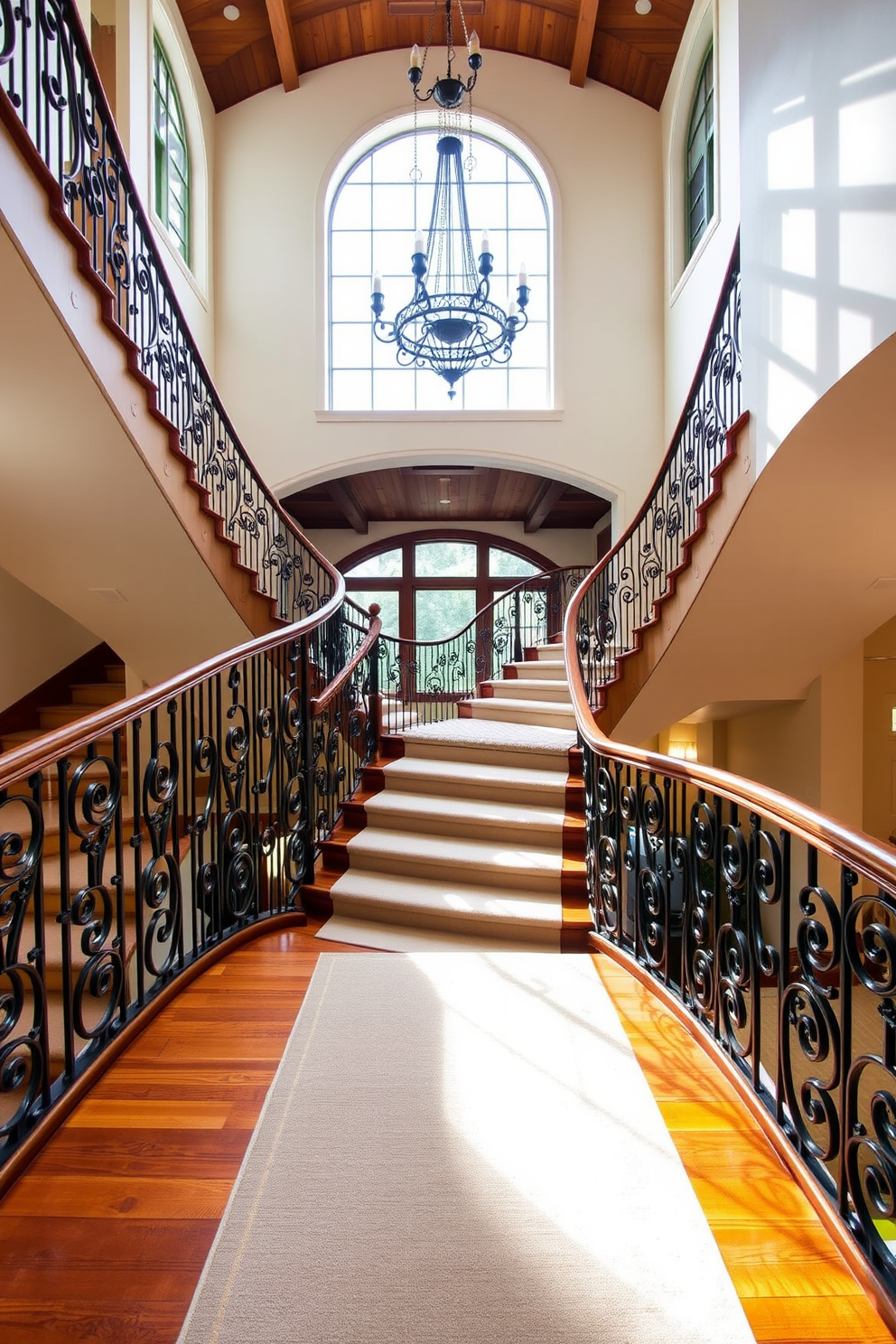 A grand staircase featuring elegant wrought iron railings that curve gracefully along the sides. The steps are made of rich hardwood, complemented by a soft runner that adds warmth and texture to the space. Natural light floods the area through large windows, illuminating the intricate details of the railings. A statement chandelier hangs above, creating a focal point that enhances the overall design of the staircase.