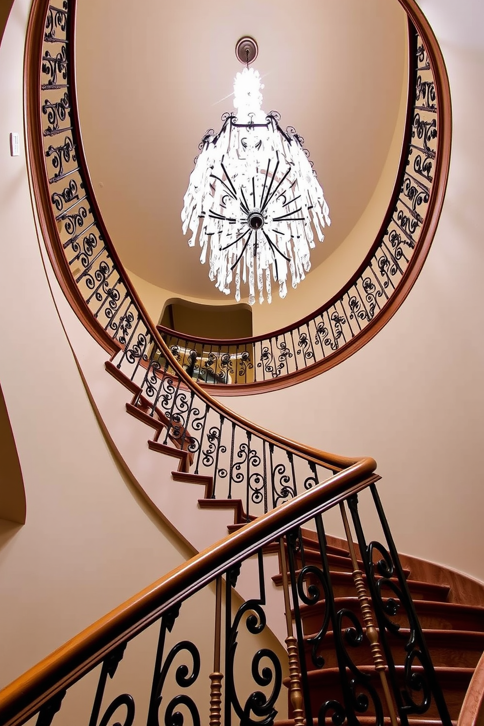 An elegant spiral staircase gracefully winds upward, featuring a sleek wooden handrail and intricate wrought iron balusters. A stunning crystal chandelier hangs from the ceiling above, casting a warm glow and illuminating the staircase's rich details.