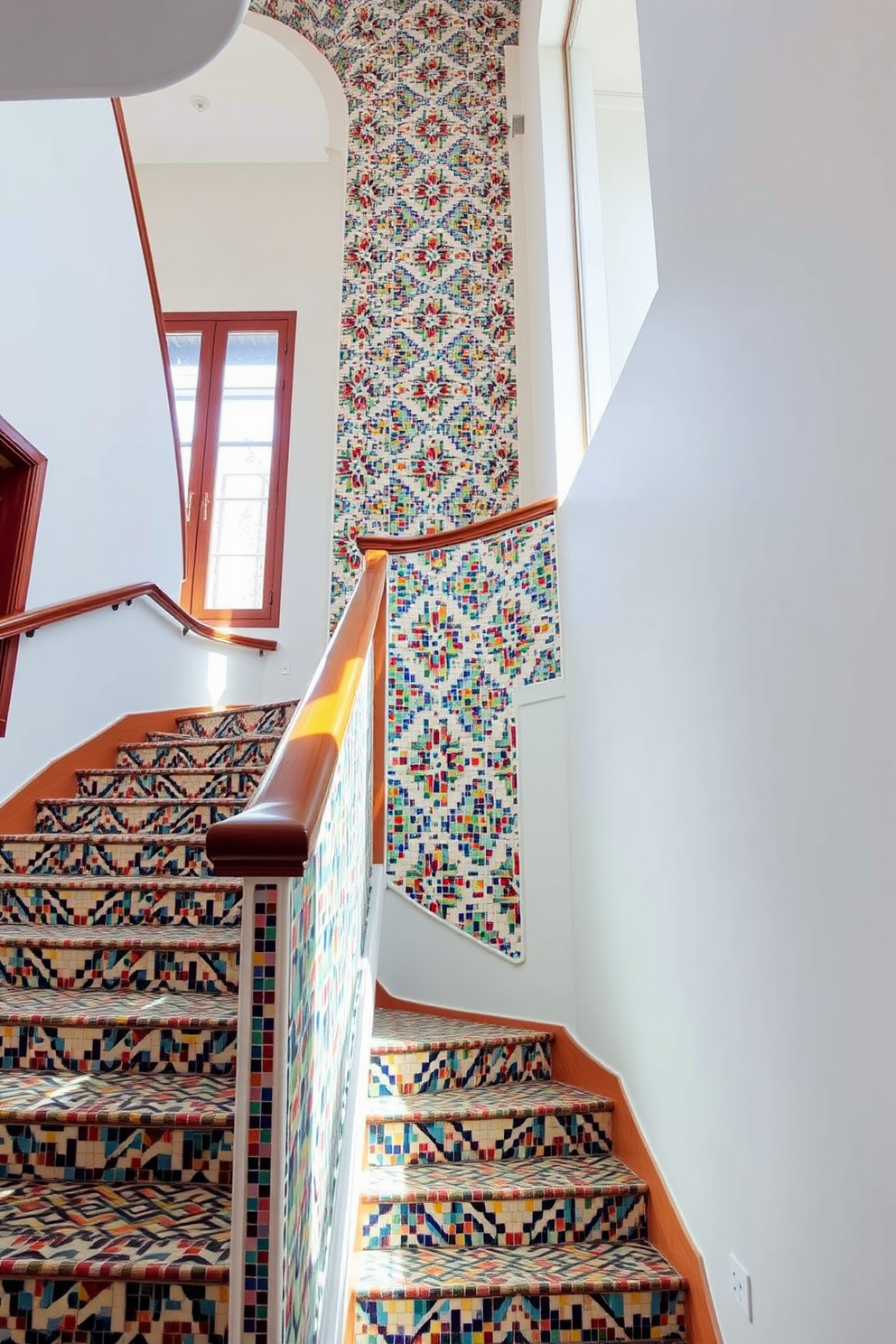 A stunning staircase adorned with colorful mosaic tiles that create a vibrant pattern. The handrail is made of polished wood, complementing the intricate tile work and adding warmth to the space. Natural light floods the area through a large window, enhancing the colors of the mosaic. The walls are painted in a soft white, providing a clean backdrop that highlights the artistic staircase design.