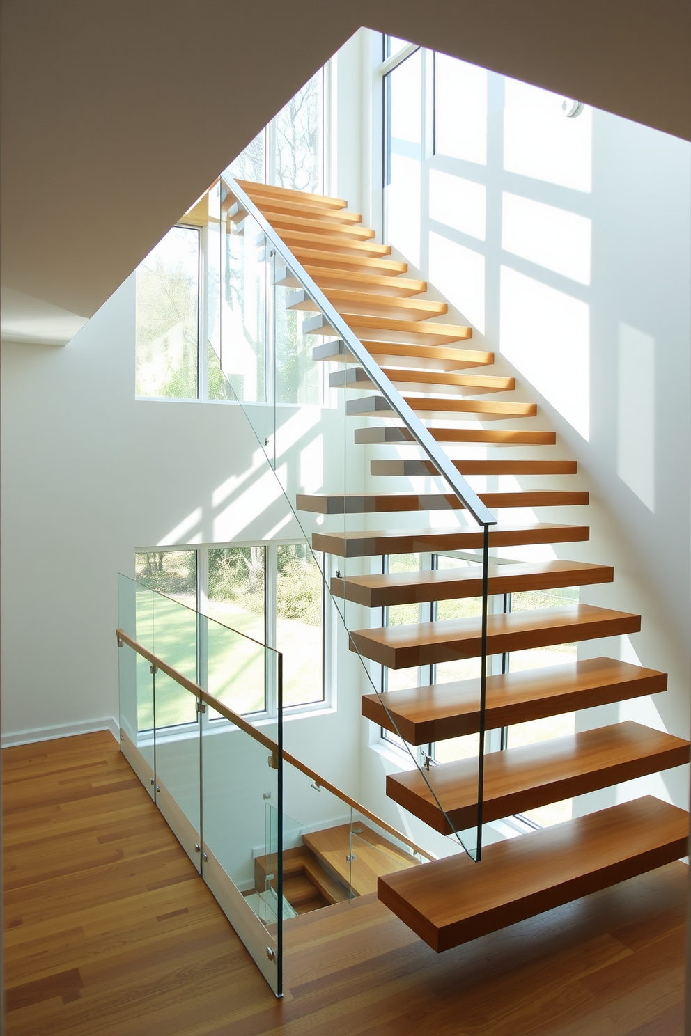 A stunning modern staircase featuring cantilevered steps that seem to float elegantly in the air. The staircase is made of polished wood with a sleek glass railing that enhances the open feel of the space. Natural light floods the area from large windows, casting beautiful shadows on the steps. The surrounding walls are painted in a soft white, creating a clean and contemporary backdrop for the striking design.