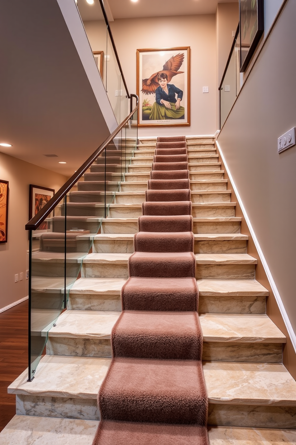 A stunning staircase with natural stone treads leads gracefully to the upper level of the home. The walls are adorned with elegant artwork, and a sleek glass railing complements the organic textures of the stone. Soft lighting highlights the beauty of the natural stone, creating a warm and inviting atmosphere. A plush runner runs down the center of the staircase, adding a touch of comfort and style.