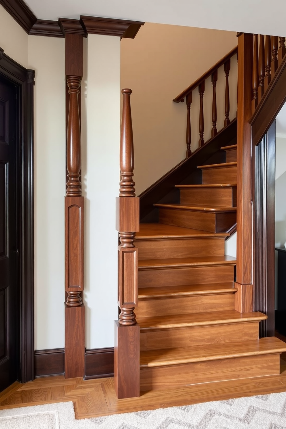 A classic staircase featuring elegant decorative newel posts stands as a stunning focal point in the entryway. The balustrade is crafted from rich mahogany, complementing the polished oak steps that lead to the upper floor. Soft, ambient lighting highlights the intricate details of the newel posts, enhancing the overall sophistication of the design. A plush runner in muted tones adds warmth and texture, inviting guests to ascend with ease.