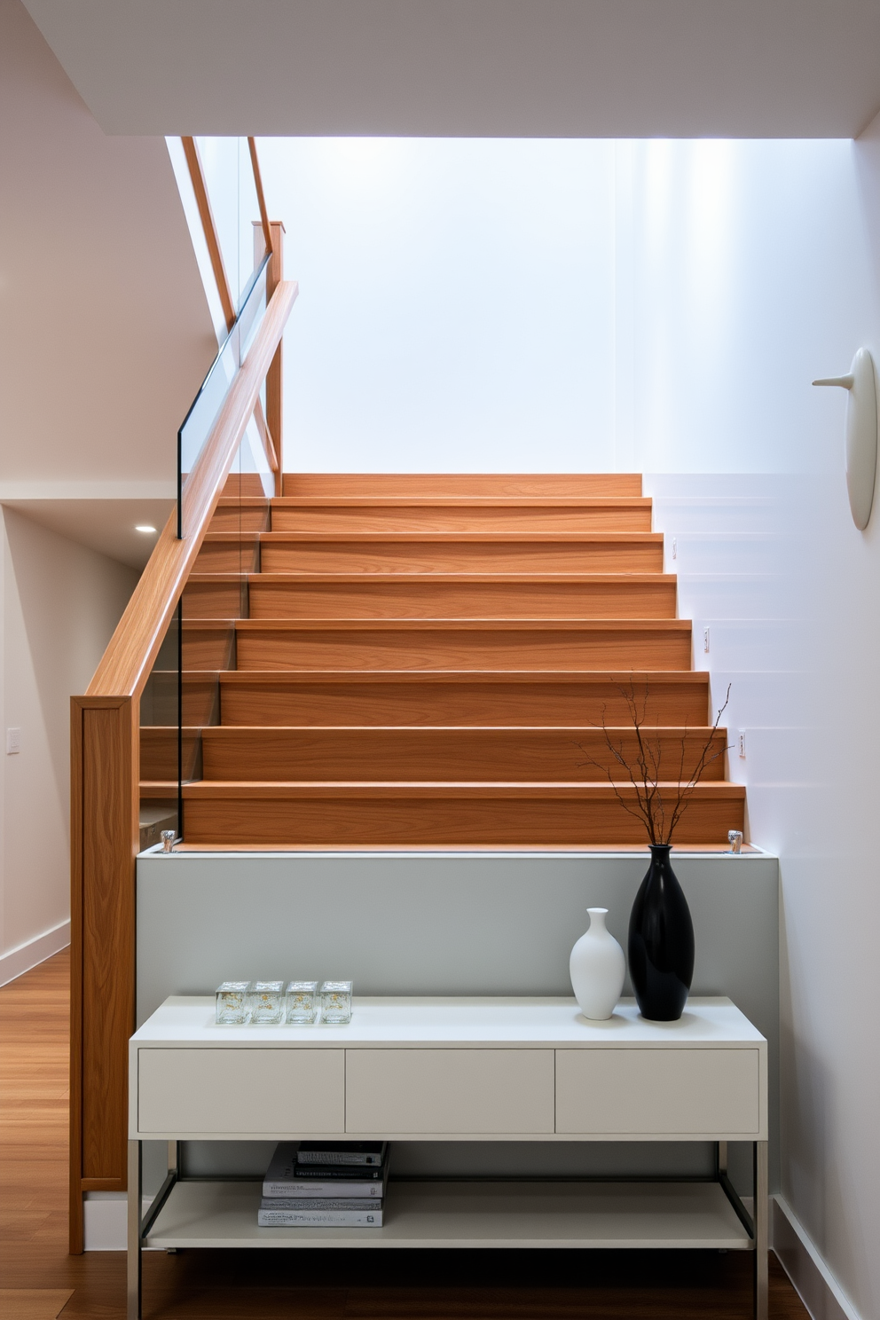 A modern staircase featuring sleek glass panels for safety and an elegant wooden handrail. The steps are crafted from rich oak, creating a warm contrast against the transparent panels that allow light to flow through the space. The staircase is illuminated by recessed lighting, highlighting its clean lines and contemporary design. Below, a minimalist console table holds decorative items, enhancing the overall aesthetic of the entryway.