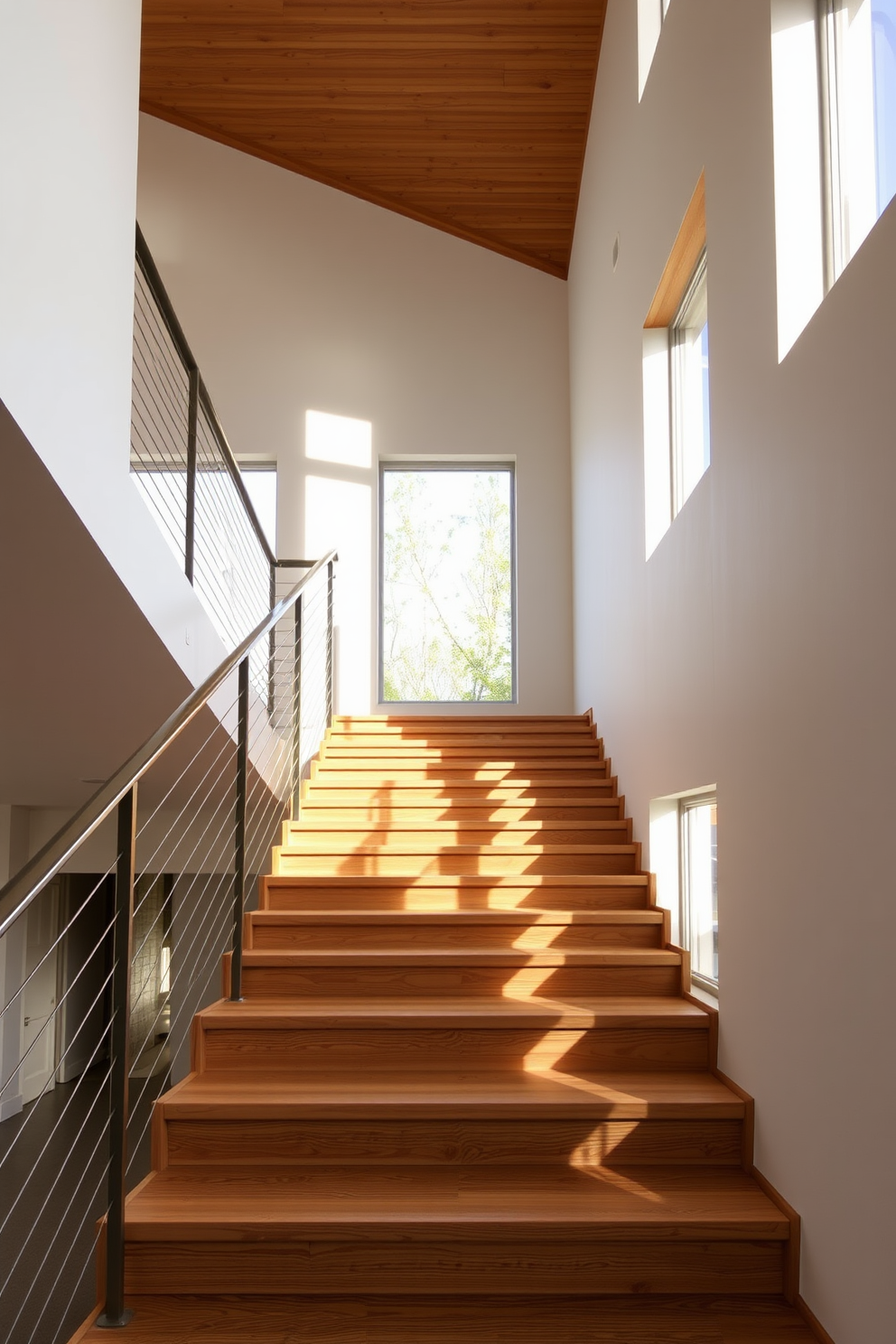 Open riser staircase design featuring sleek wooden treads and a minimalist metal railing. The staircase is illuminated by natural light streaming through large windows, creating an airy and spacious atmosphere.