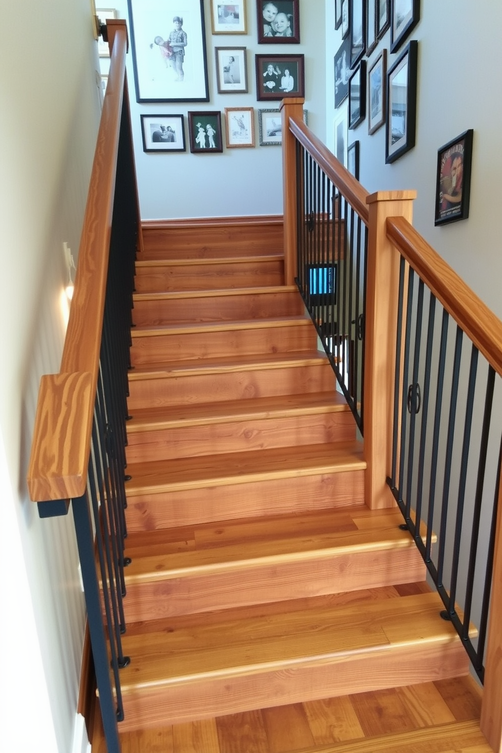 A rustic reclaimed wood staircase features wide, weathered planks that showcase the natural grain and knots of the wood. The handrails are crafted from sturdy wrought iron, adding a touch of industrial charm to the warm, earthy tones of the staircase. The staircase is illuminated by soft, ambient lighting that highlights the texture of the wood. Surrounding the staircase, a gallery wall displays framed artwork and family photos, enhancing the cozy, inviting atmosphere of the space.