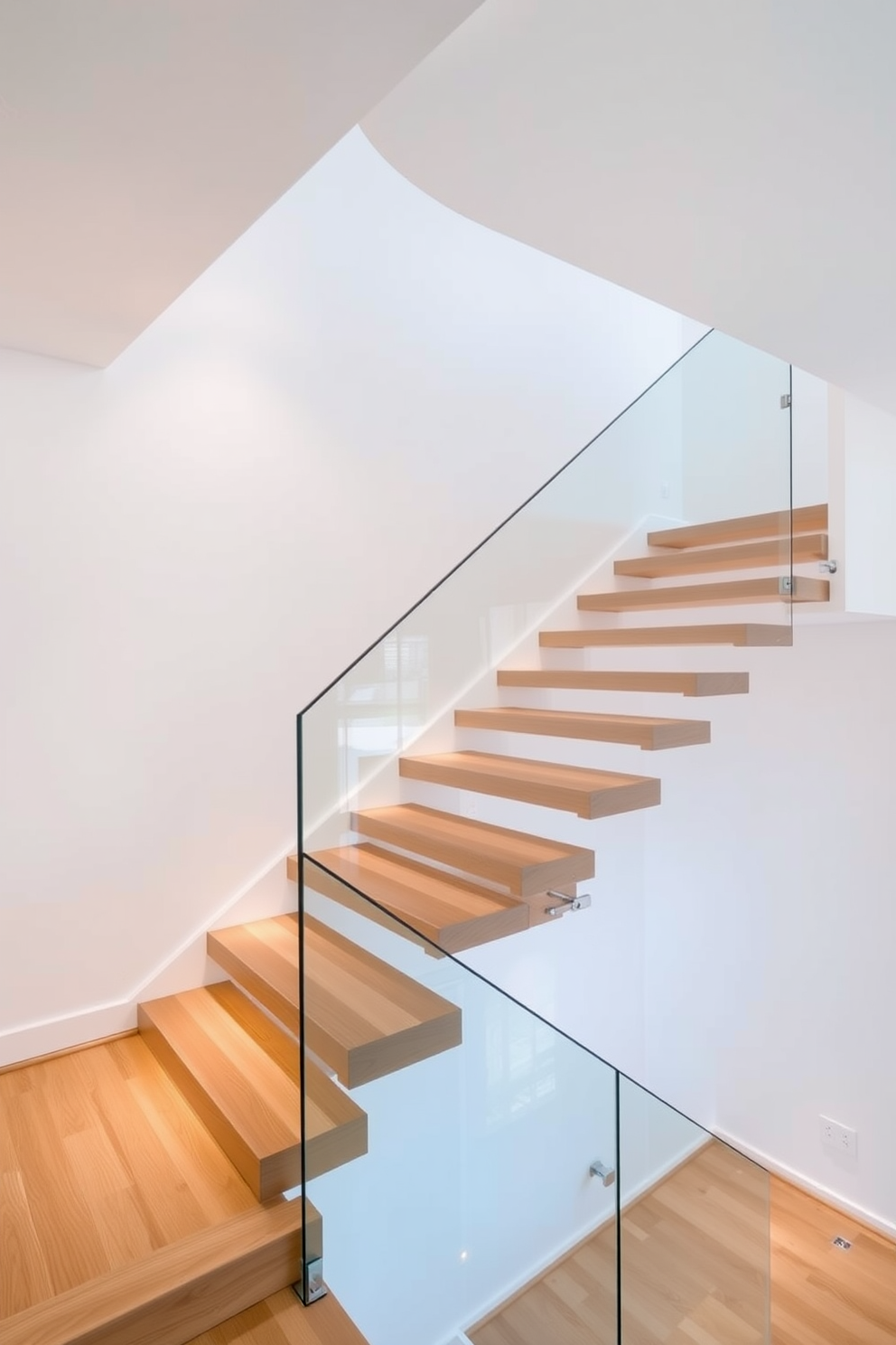 A minimalist staircase with sleek lines features a floating wooden design that seamlessly blends into the surrounding space. The handrail is made of clear glass, allowing for an unobstructed view and enhancing the airy feel of the home. The staircase is illuminated by soft, recessed lighting that highlights its elegant contours. The walls are painted in a soft white, creating a clean backdrop that complements the simplicity of the design.