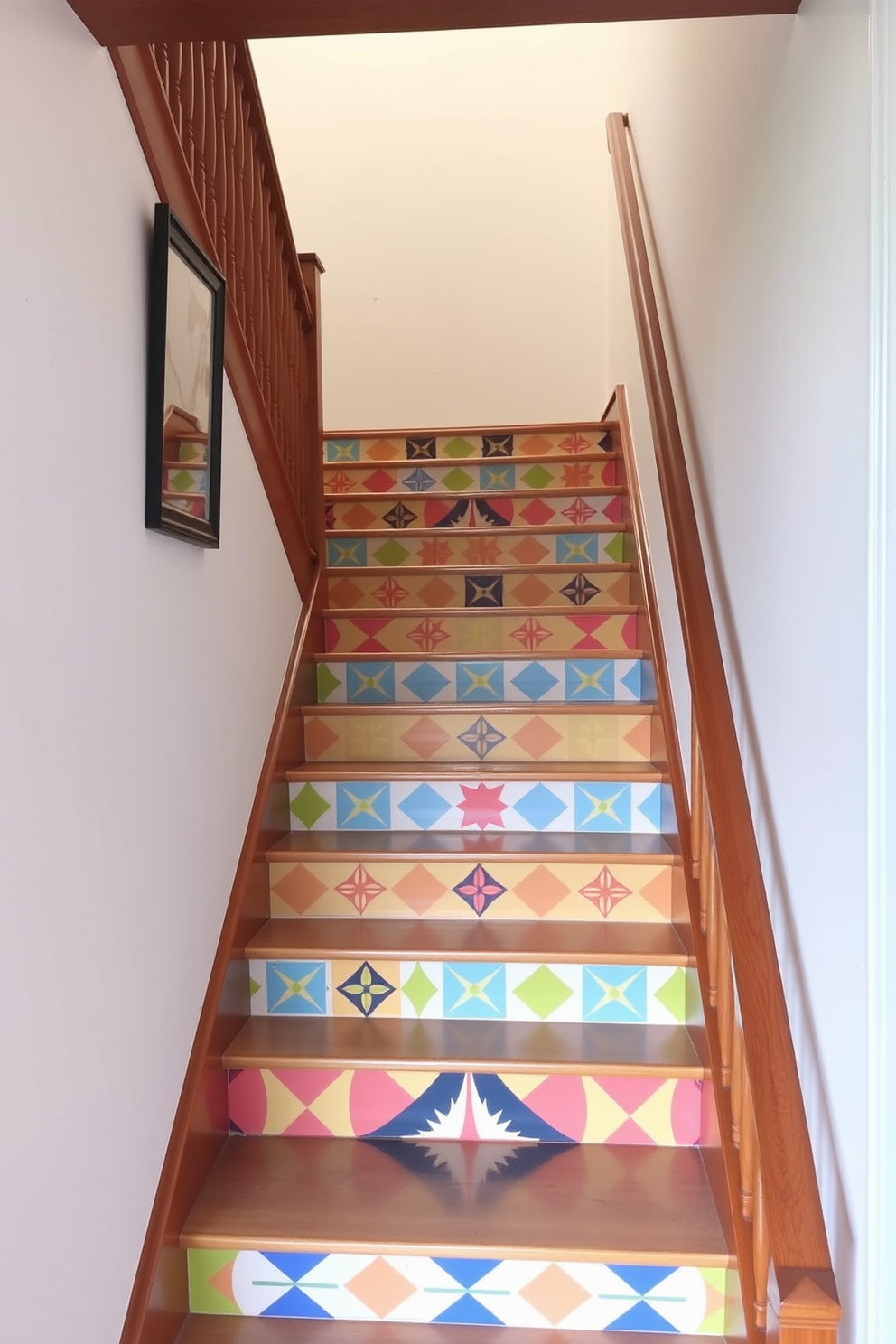 A colorful painted staircase features a variety of vibrant patterns that create a lively atmosphere. The steps are adorned with geometric designs in hues of blue, yellow, and red, drawing the eye upward. The staircase railing is crafted from polished wood, providing a warm contrast to the bright colors. Surrounding the staircase, the walls are painted in a soft white, allowing the staircase design to stand out as a focal point.