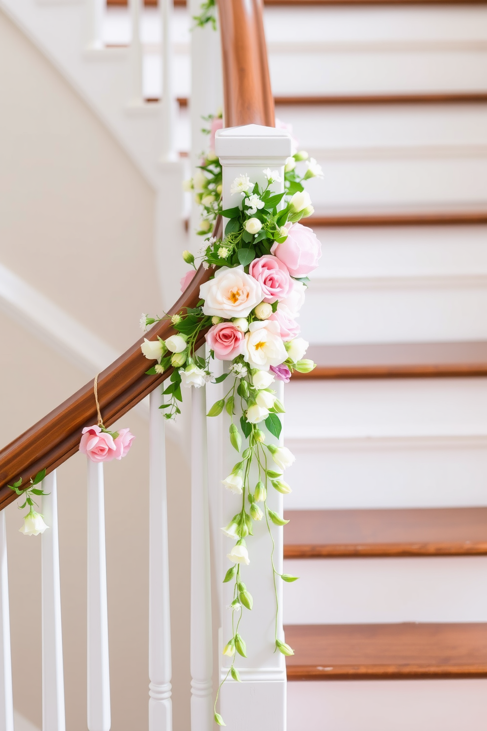 A beautifully decorated staircase adorned with floral garlands in soft pastel colors. The garlands gracefully drape along the banister, creating a cheerful and inviting atmosphere for Easter celebrations.