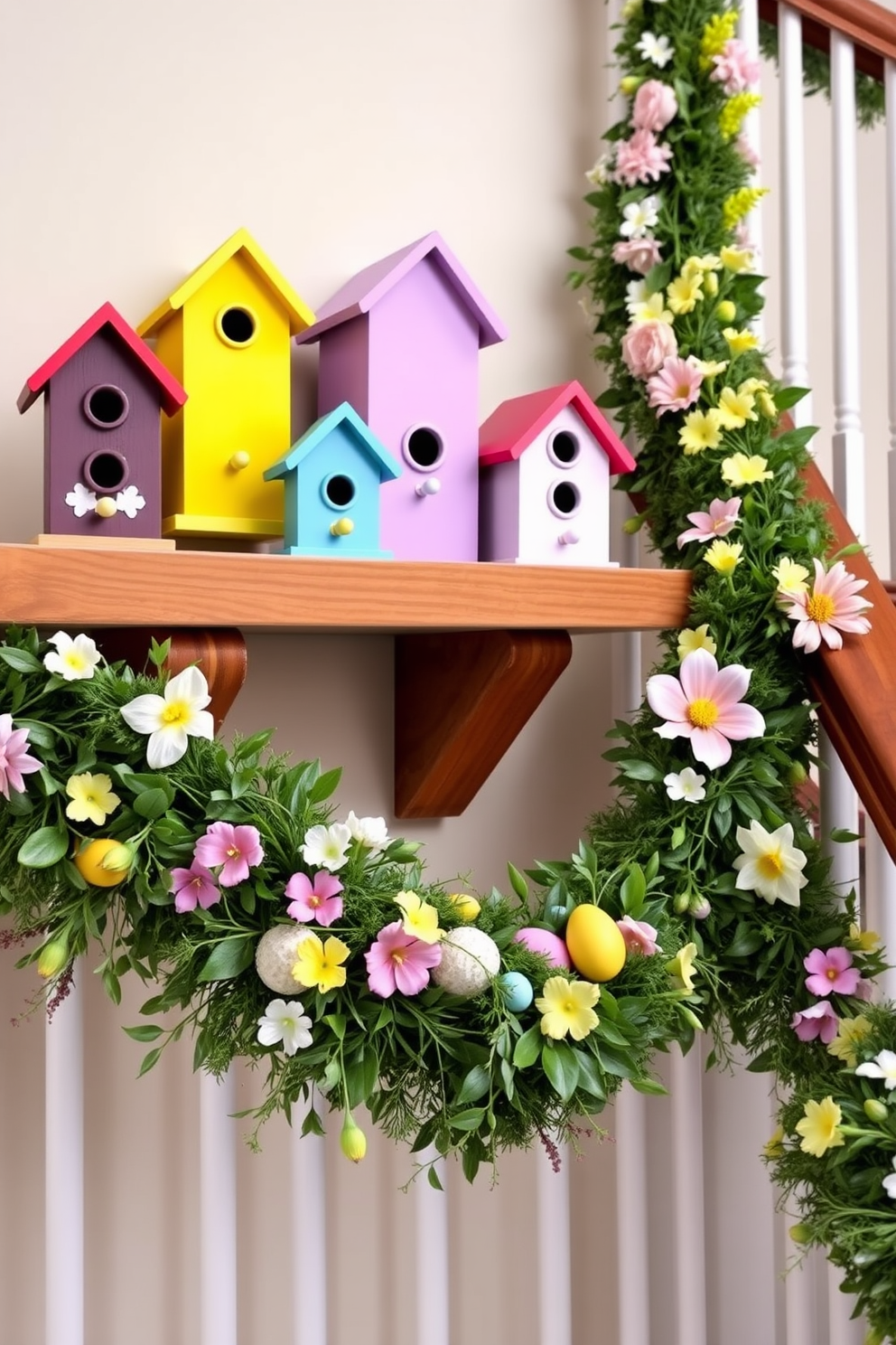 A collection of miniature birdhouses in vibrant hues is arranged on a wooden shelf. Each birdhouse features unique designs and patterns, adding a playful touch to the decor. The staircase is adorned with Easter decorations, including pastel-colored garlands and floral arrangements. Brightly colored eggs are nestled among the greenery, creating a festive atmosphere.