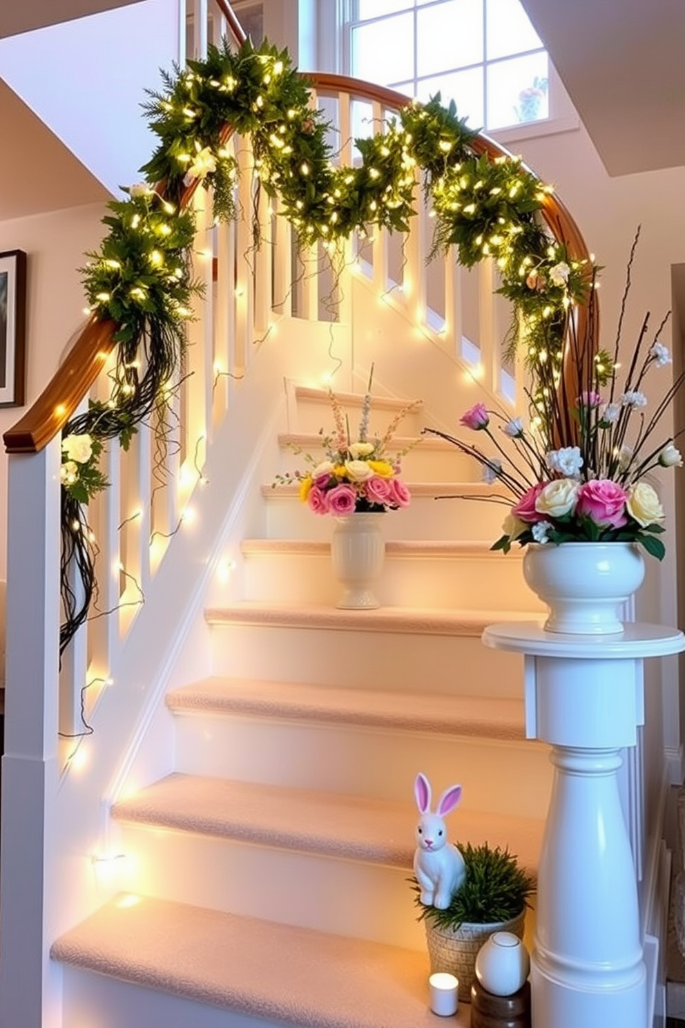 A cozy staircase adorned with twinkling fairy lights creates a warm and inviting atmosphere. The soft glow of the lights highlights the elegant curves of the staircase, making it a stunning focal point in the home. For Easter decorating ideas, vibrant pastel colors and floral arrangements can bring a festive touch to the space. Incorporate decorative eggs and bunny figurines to enhance the seasonal charm and create a cheerful ambiance.