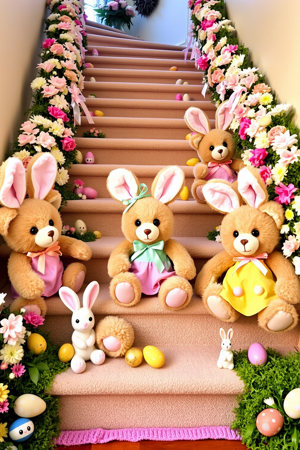 A whimsical scene featuring teddy bears dressed as Easter bunnies. Each bear is adorned with colorful pastel outfits and floppy ears, surrounded by Easter eggs and spring flowers. A beautifully decorated staircase adorned with garlands of flowers and pastel ribbons. The steps are lined with decorative Easter eggs and small bunny figurines, creating a festive and inviting atmosphere.