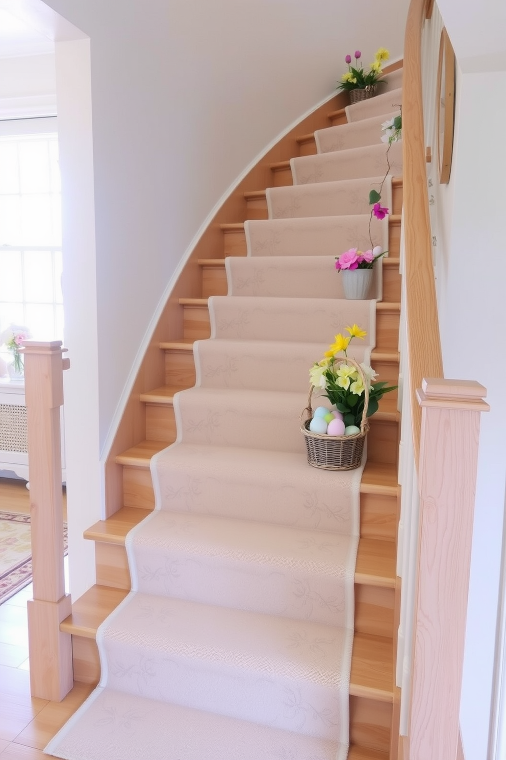 A soft pastel-colored stair runner gracefully adorns a winding staircase, creating a welcoming atmosphere. The runner features delicate floral patterns that complement the light wood of the stairs, enhancing the overall charm of the space. Easter decorations are tastefully arranged along the staircase, with pastel-colored eggs nestled in decorative baskets. Fresh spring flowers in vibrant hues are placed at intervals, adding a cheerful touch to the festive display.