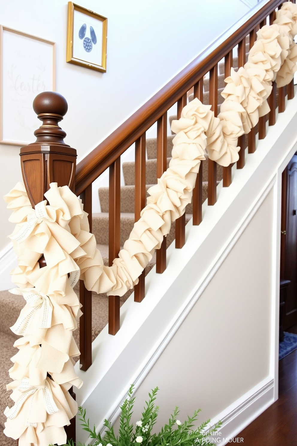 A charming staircase adorned with layered fabric garlands featuring delicate ruffles. The garlands are draped gracefully along the banister, creating a festive and inviting atmosphere for Easter celebrations.