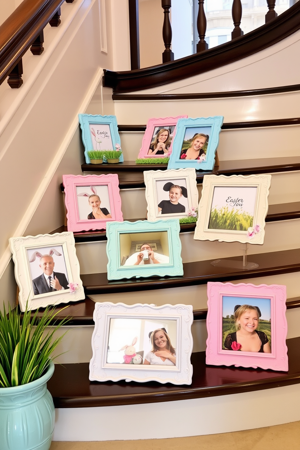 Easter-themed photo frames are arranged on the steps of a beautifully designed staircase. The frames feature pastel colors and cheerful images, creating a festive atmosphere that invites warmth and joy.