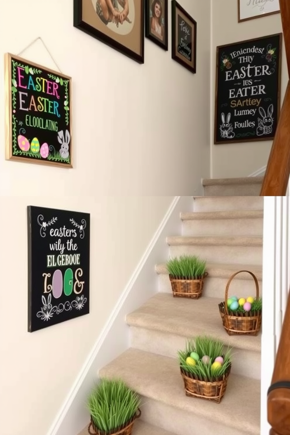 Chalkboard signs with Easter messages are creatively designed to add a festive touch to your home. Each sign features colorful lettering and playful illustrations of Easter eggs and bunnies, making them perfect for displaying in entryways or on dining tables. Staircase Easter decorating ideas include garlands made of pastel-colored eggs and flowers draped along the banister. Additionally, you can place decorative baskets filled with faux grass and chocolate eggs on each step for a whimsical effect.