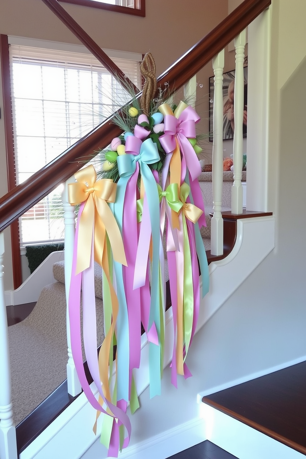 A beautifully decorated staircase adorned with colorful ribbon bows cascading down the railing. The bows feature a mix of pastel colors, creating a festive and cheerful atmosphere perfect for Easter celebrations.