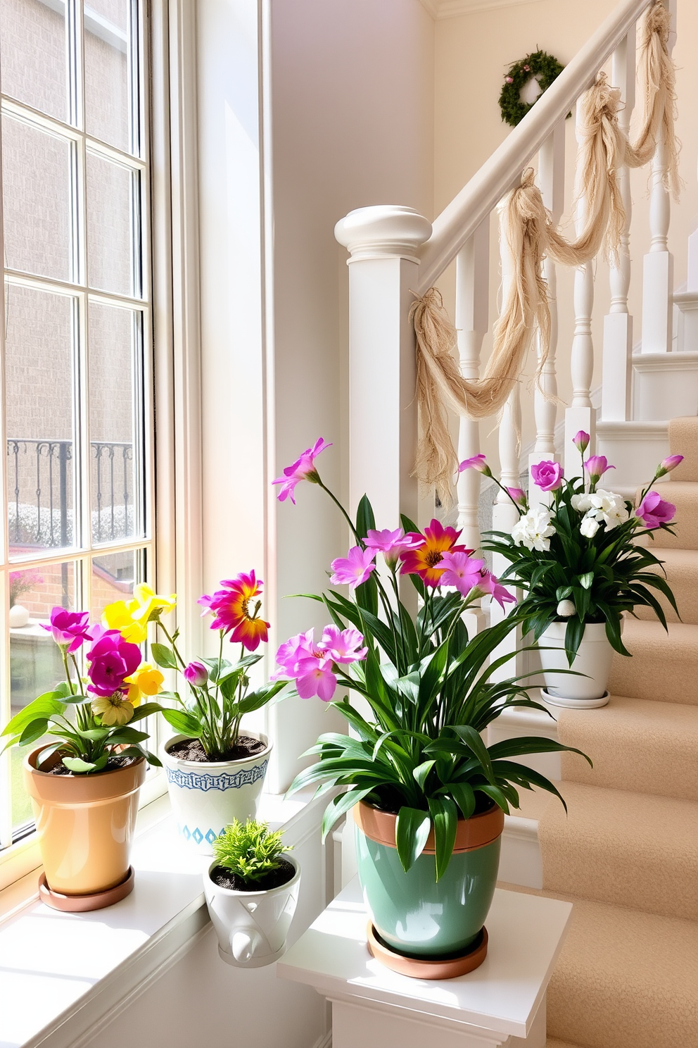 A collection of potted plants displaying vibrant spring blooms is arranged on a sunny windowsill. Each pot features a unique design, showcasing a variety of colors and textures that enhance the lively atmosphere of the room. A grand staircase adorned with tasteful Easter decorations creates a welcoming focal point. Delicate pastel-colored garlands drape elegantly along the banister, while strategically placed decorative eggs add a playful touch to the overall aesthetic.