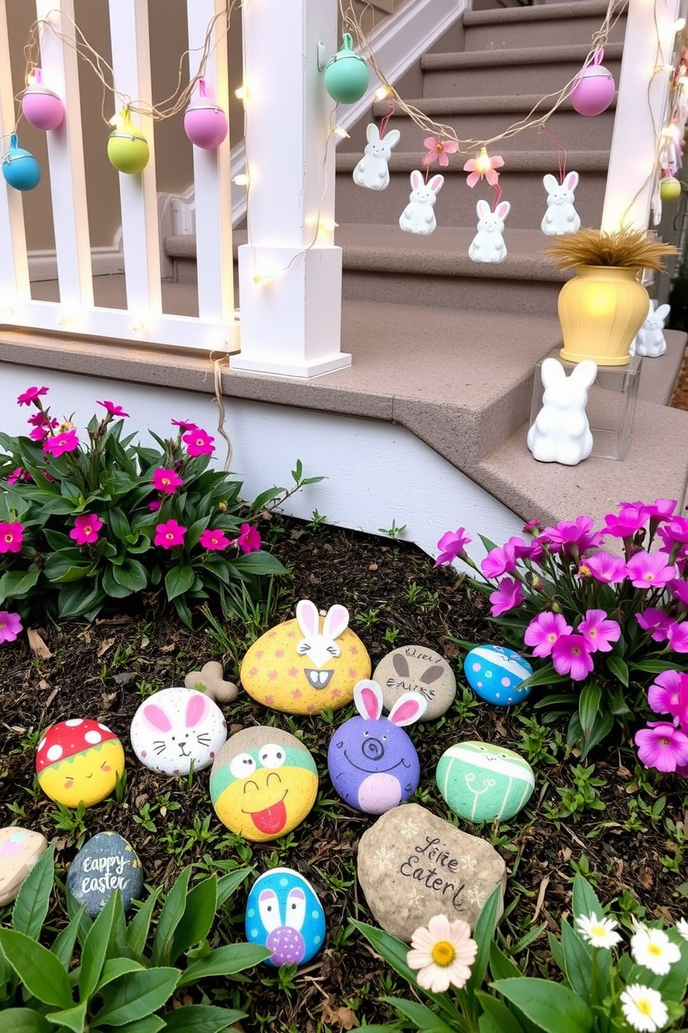 Whimsical painted rocks are scattered throughout the garden, each featuring vibrant colors and playful designs that bring a sense of joy and creativity to the outdoor space. These charming stones are placed among lush greenery and blooming flowers, creating a delightful focal point that invites curiosity. The staircase is adorned with pastel-colored decorations, including hanging egg garlands and cheerful bunny figurines that enhance the festive atmosphere. Soft, twinkling lights are draped along the railing, casting a warm glow that complements the lively Easter theme.