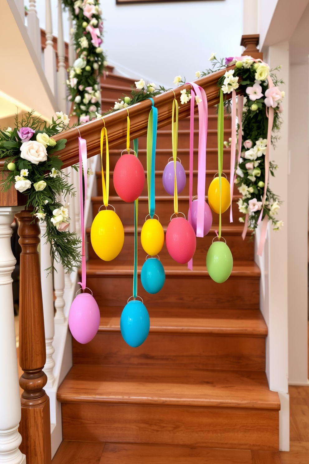 A staircase adorned with hanging colorful Easter eggs creates a festive atmosphere. The eggs, in various bright colors, dangle from the railing, adding a playful touch to the elegant wooden steps. Easter decorations line the staircase with garlands of fresh flowers and pastel ribbons. Soft lighting highlights the vibrant colors of the decorations, enhancing the cheerful ambiance of the space.