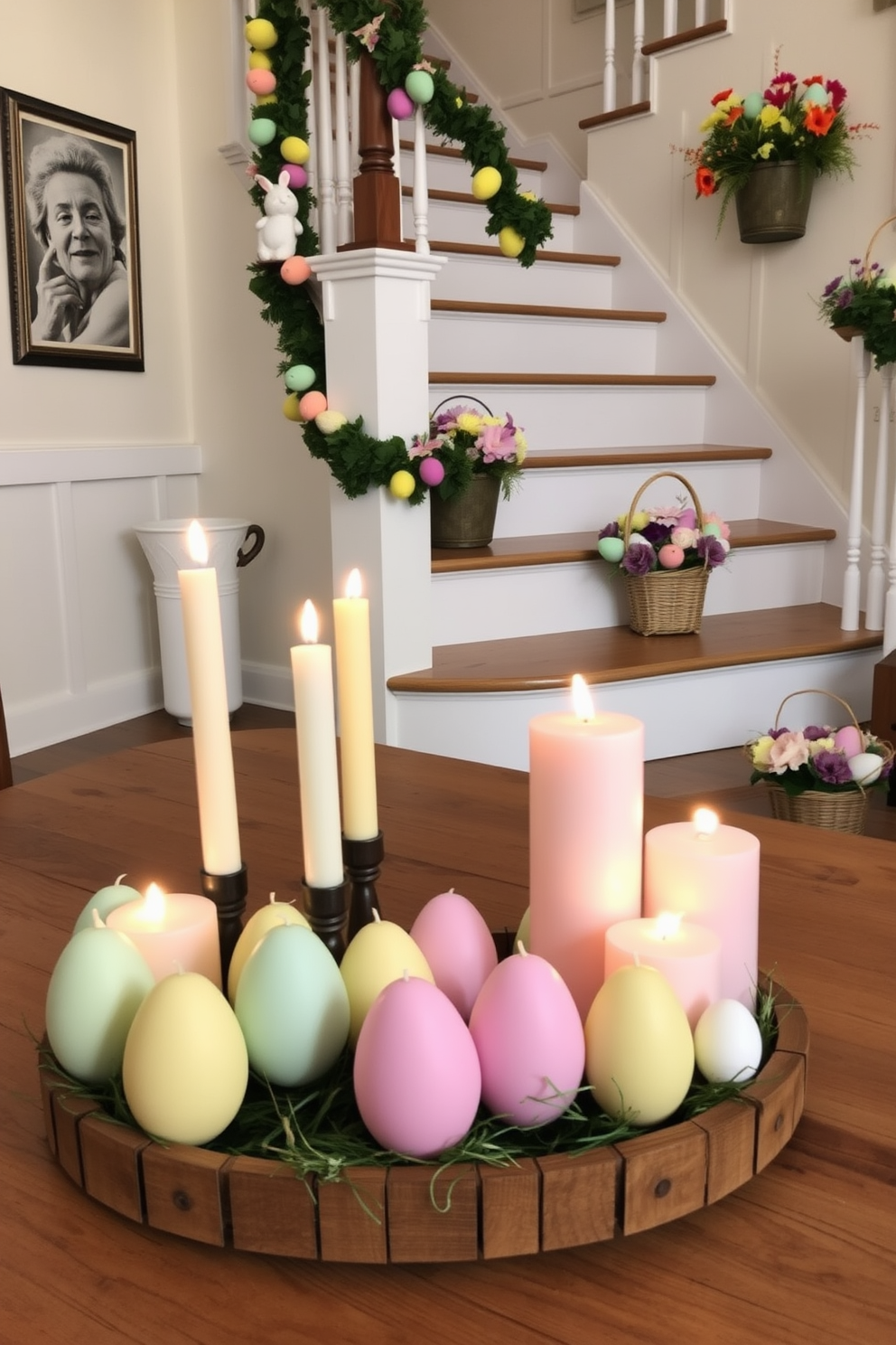 A collection of egg-shaped candles in various pastel colors sits on a rustic wooden table, adding a cozy touch to the room. Soft candlelight flickers, creating a warm atmosphere perfect for gatherings. The staircase is adorned with cheerful Easter decorations, featuring garlands of colorful eggs and fresh spring flowers. Each step is highlighted with decorative baskets filled with vibrant blooms and seasonal accents.