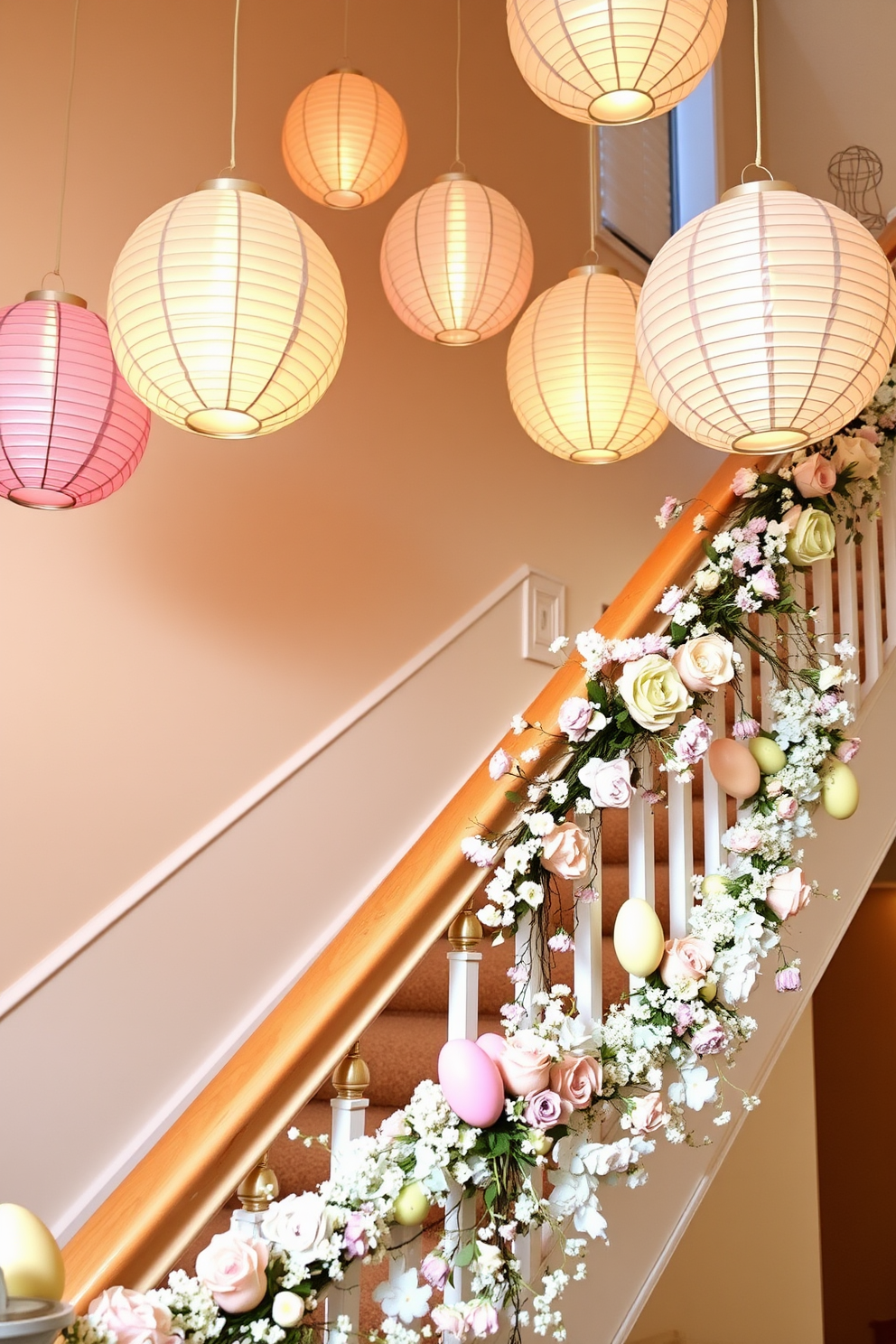 A serene staircase adorned with hanging paper lanterns in soft pastel colors. The lanterns gently illuminate the space, creating a warm and inviting atmosphere. A beautifully decorated staircase for Easter featuring pastel-colored garlands and floral arrangements. Delicate eggs are artfully placed along the railing, adding a festive touch to the overall design.