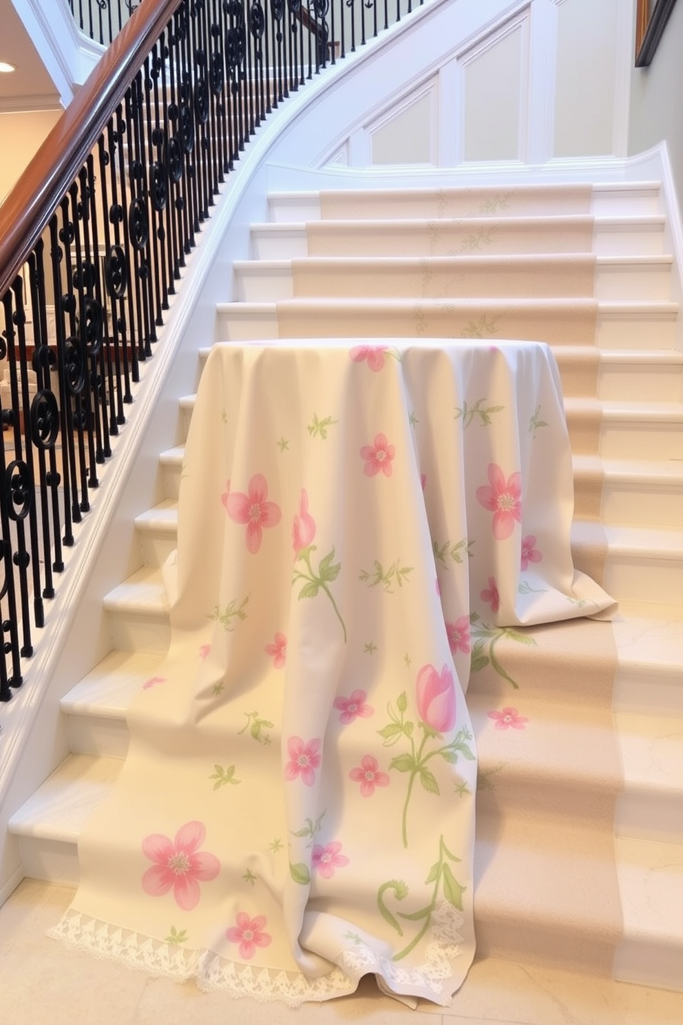 A seasonal tablecloth is elegantly draped over the steps of a grand staircase, creating a festive atmosphere. The soft fabric features pastel colors and floral patterns that capture the essence of Easter celebrations.