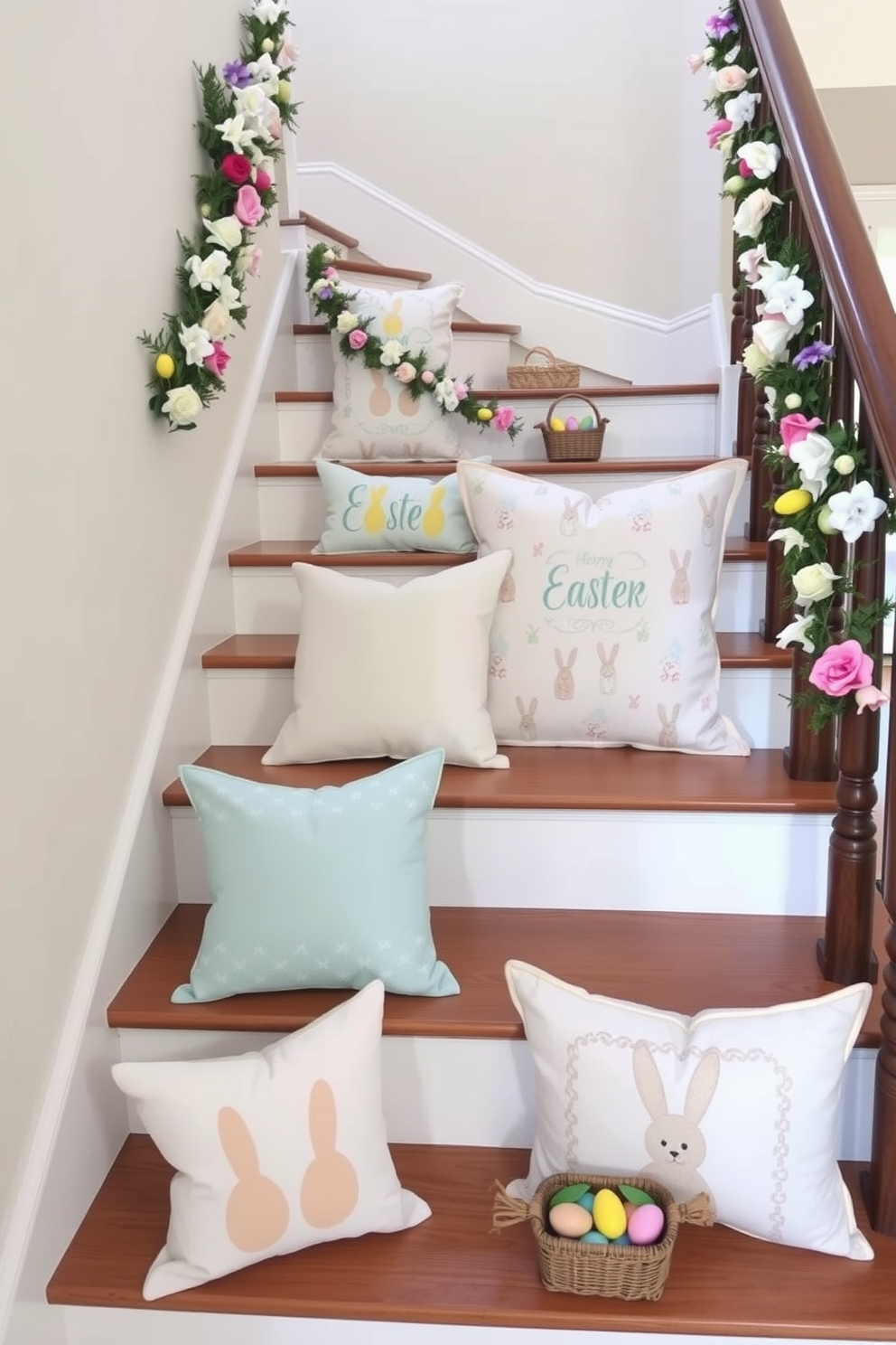 Easter-themed pillows are arranged on the stair landings, featuring pastel colors and cheerful patterns such as bunnies and eggs. The staircase is adorned with garlands of artificial flowers and small decorative baskets filled with colorful eggs, creating a festive atmosphere.