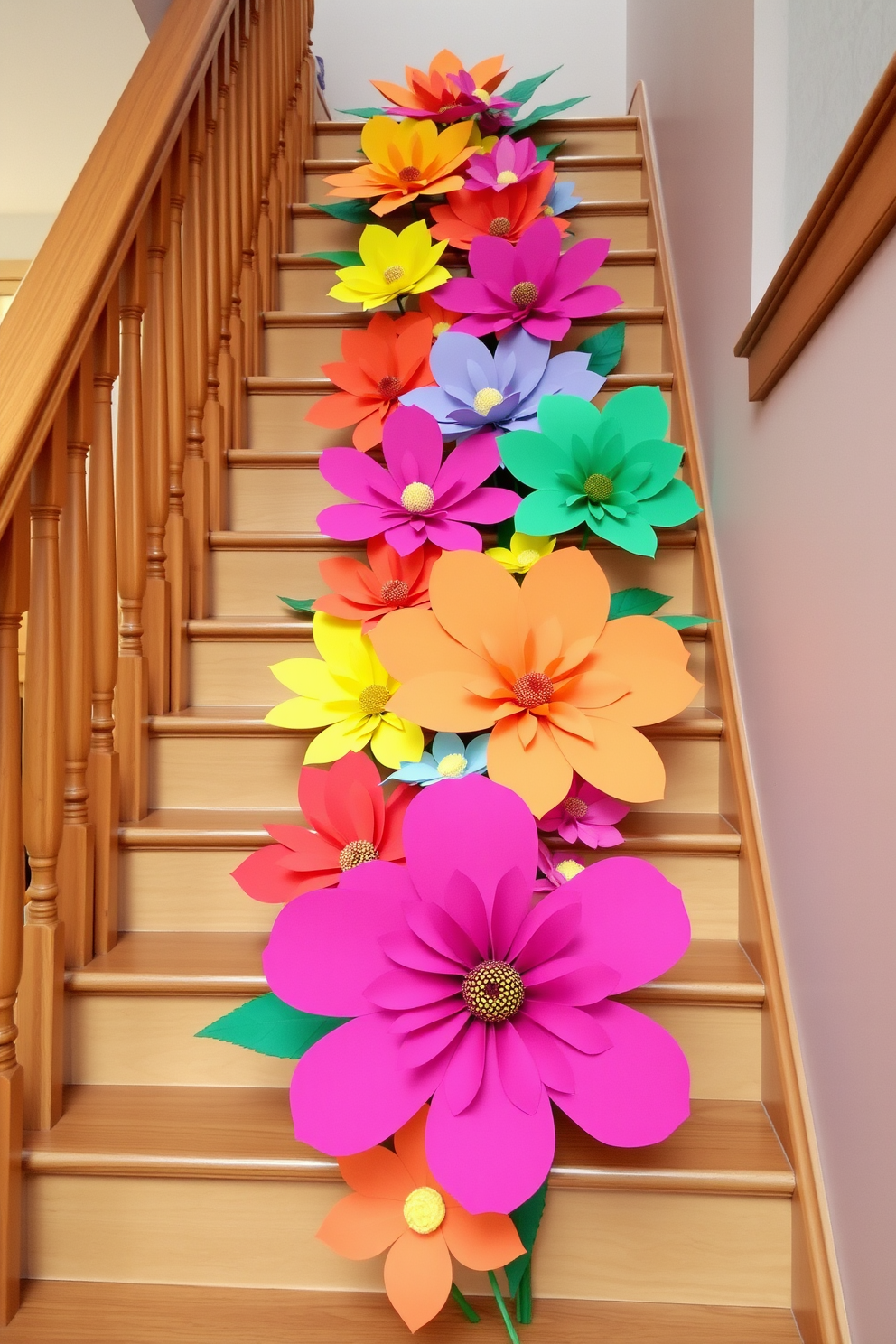 Brightly colored paper flowers are arranged in a whimsical display along the staircase. The vibrant hues of the flowers contrast beautifully with the natural wood of the staircase, creating a cheerful and festive atmosphere for Easter.