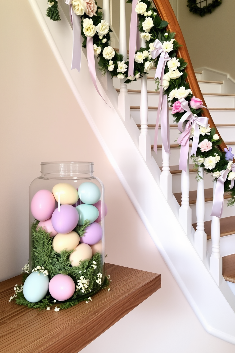 A clear glass jar filled with beautifully painted decorative eggs in various pastel colors sits on a wooden shelf. The jar is surrounded by soft green moss and small white flowers, creating a charming spring display. A gracefully curved staircase is adorned with garlands of fresh flowers and ribbons in soft hues. Easter-themed decorations, such as whimsical bunnies and colorful eggs, are strategically placed along the railing for a festive touch.