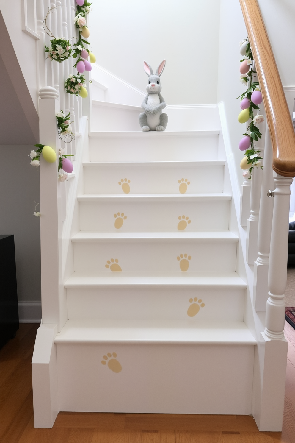 Cute bunny footprints lead up the staircase creating a whimsical and festive atmosphere. The footprints are made of soft pastel colors, contrasting beautifully against the white wooden steps. Delicate Easter decorations adorn the staircase railing, featuring pastel-colored eggs and floral garlands. A charming bunny figurine sits at the top of the stairs, welcoming guests to the celebration.