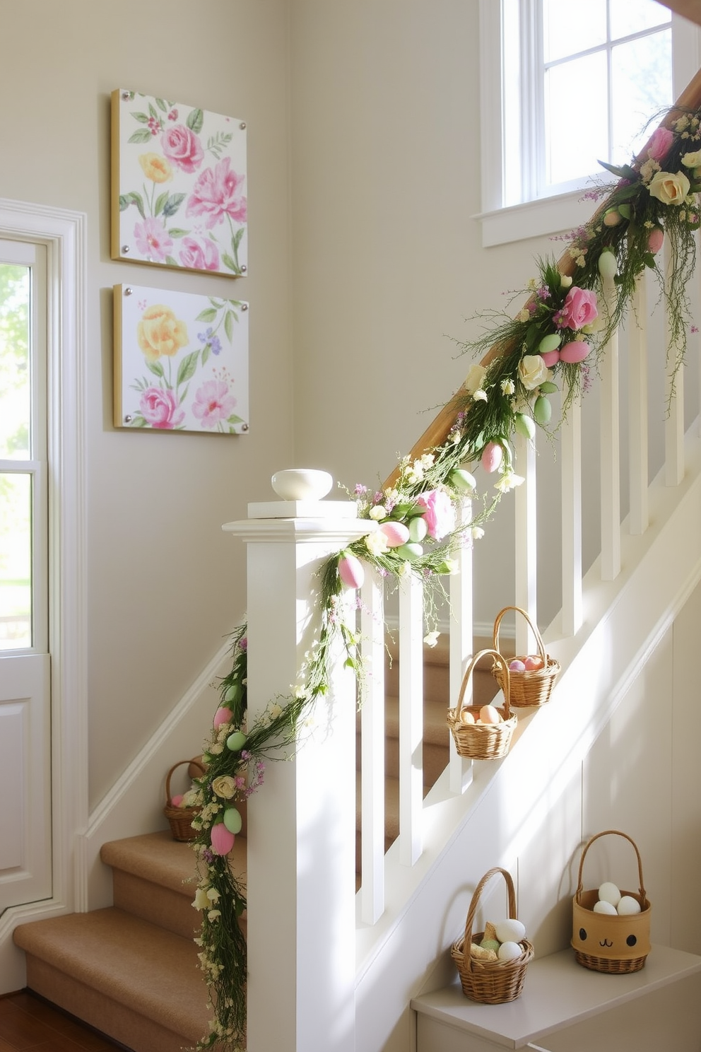 Spring themed wall art adorns the wall near the staircase featuring vibrant floral patterns and pastel colors. The artwork brings a cheerful ambiance to the space, perfectly complementing the soft, natural light that filters through the nearby window. Easter decorations are tastefully arranged along the staircase, with delicate garlands of eggs and fresh flowers draping the railing. Each step is highlighted by small decorative baskets filled with seasonal treats, creating a warm and inviting atmosphere for guests.